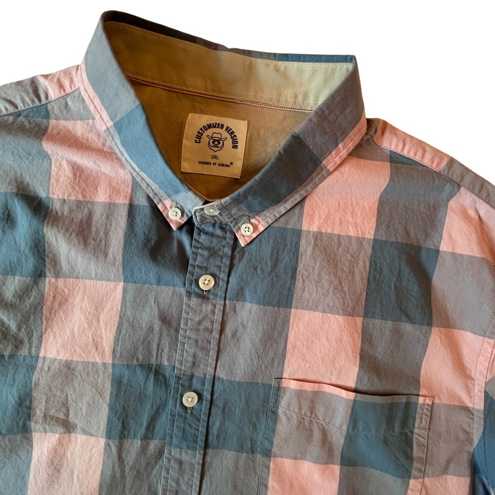 Dubinik Mens 2XL Short Sleeve Button Down Shirt Pink Blue Buffalo Plaid Cotton